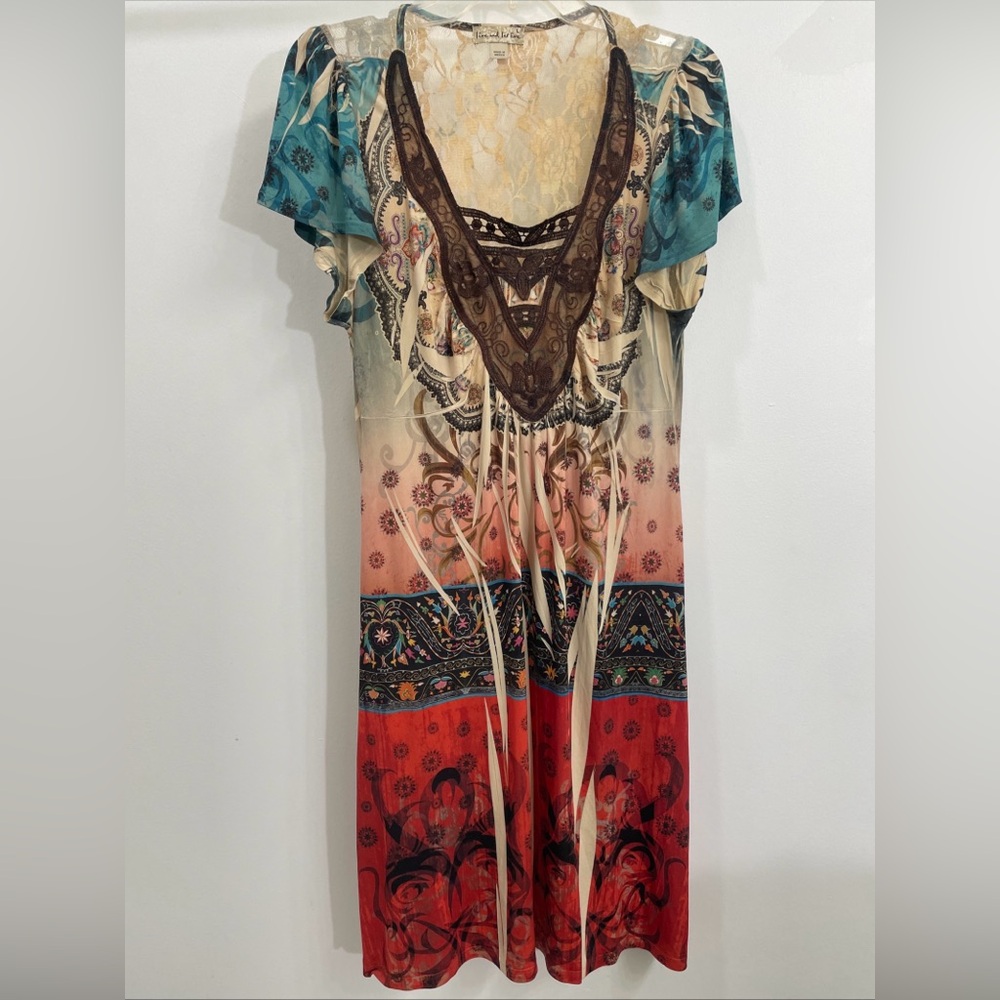 One World Live And Let Live Dress L Beaded Front Paisley Yellow Orange Boho